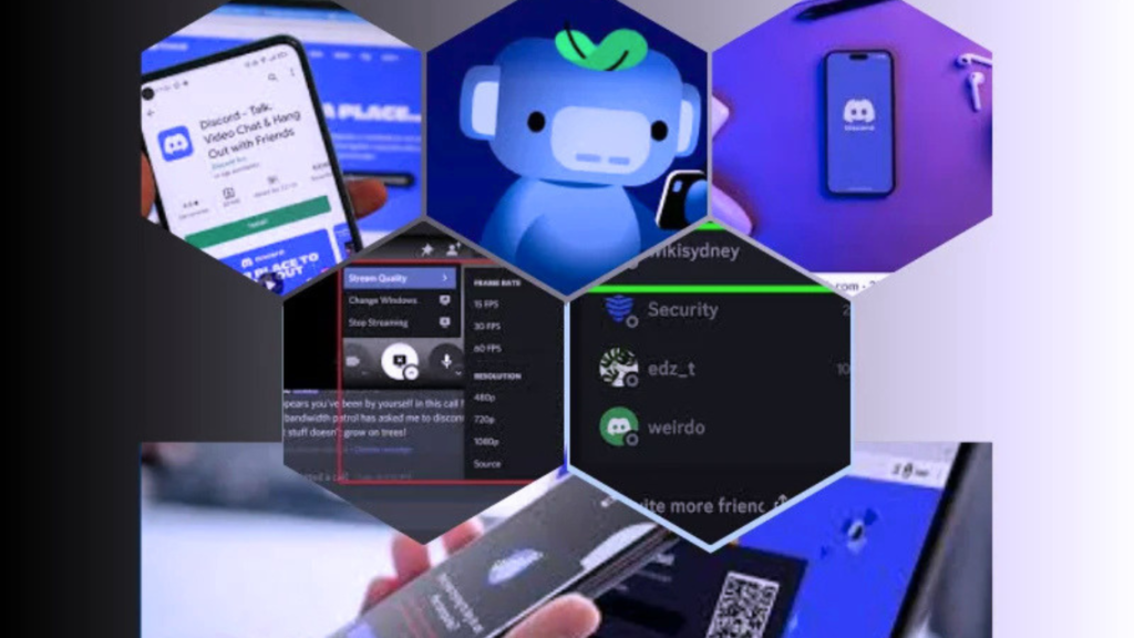 A multi-panel digital collage showcasing user interfaces, mobile application store pages, and settings configurations reflecting the development and history of discord.