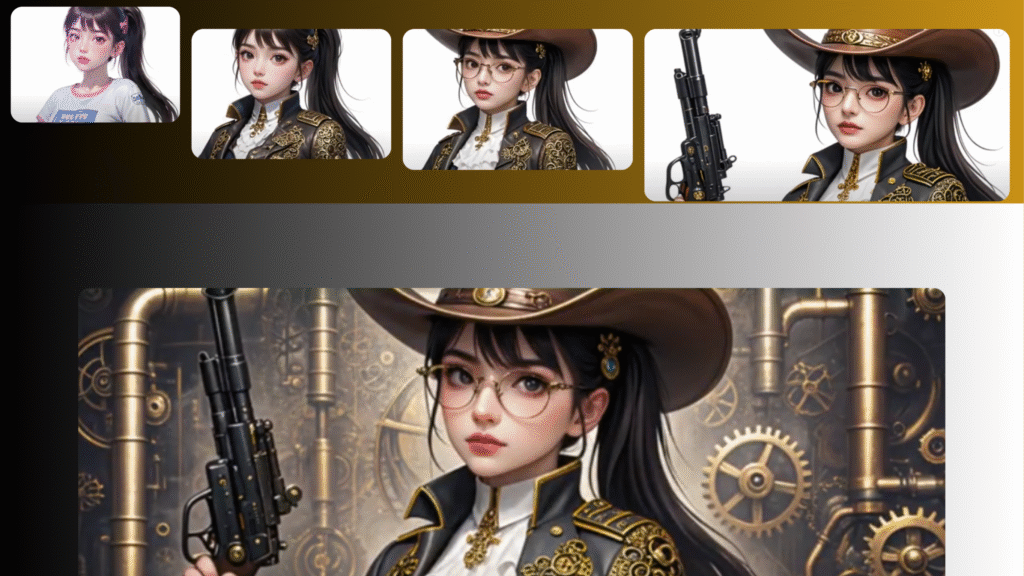 Steampunk‑inspired illustration of a young woman wearing a decorated military‑style uniform, round glasses, and a wide cowboy hat, holding a detailed sci‑fi weapon against a background of brass pipes and clockwork gears.