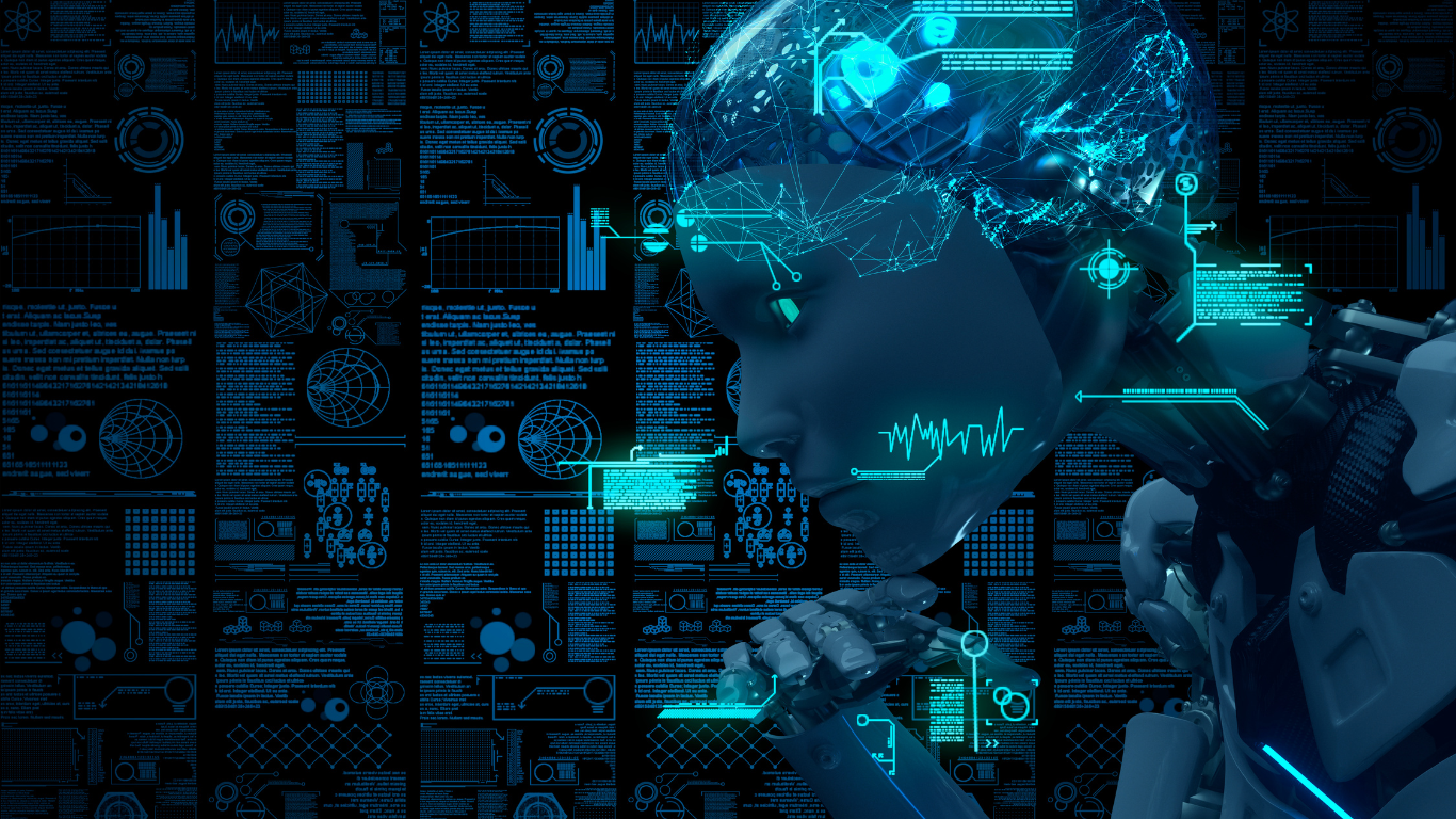 An advanced android robot looking thoughtfully at a wall of glowing blue data screens, representing the vast landscape of an Artificial Intelligence Career.