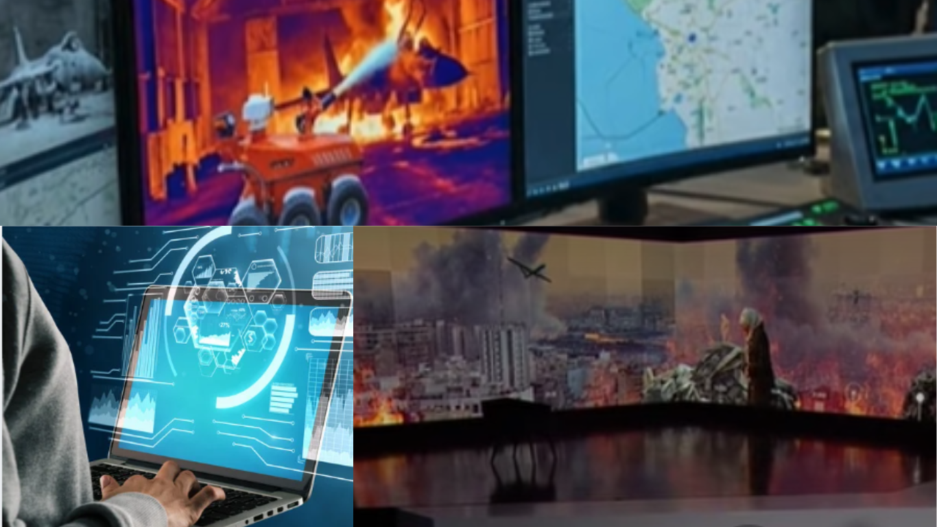 A multi-scene display showing AI-assisted military systems, including drone strike visuals, command center monitors, a laptop with digital targeting interface, and a battlefield simulation.