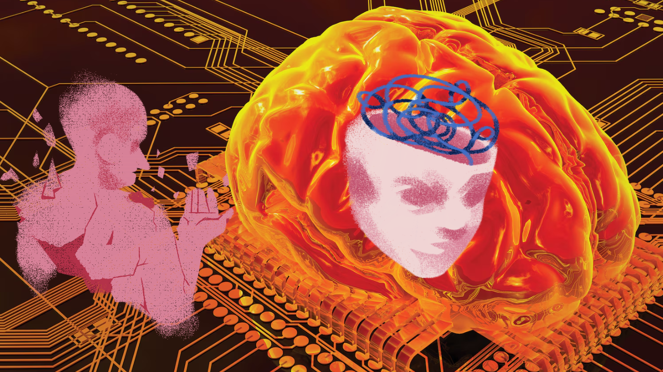 A stylized digital illustration of a human brain integrated with circuitry, alongside abstract human figures, representing AI-driven cognitive and psychological operations.