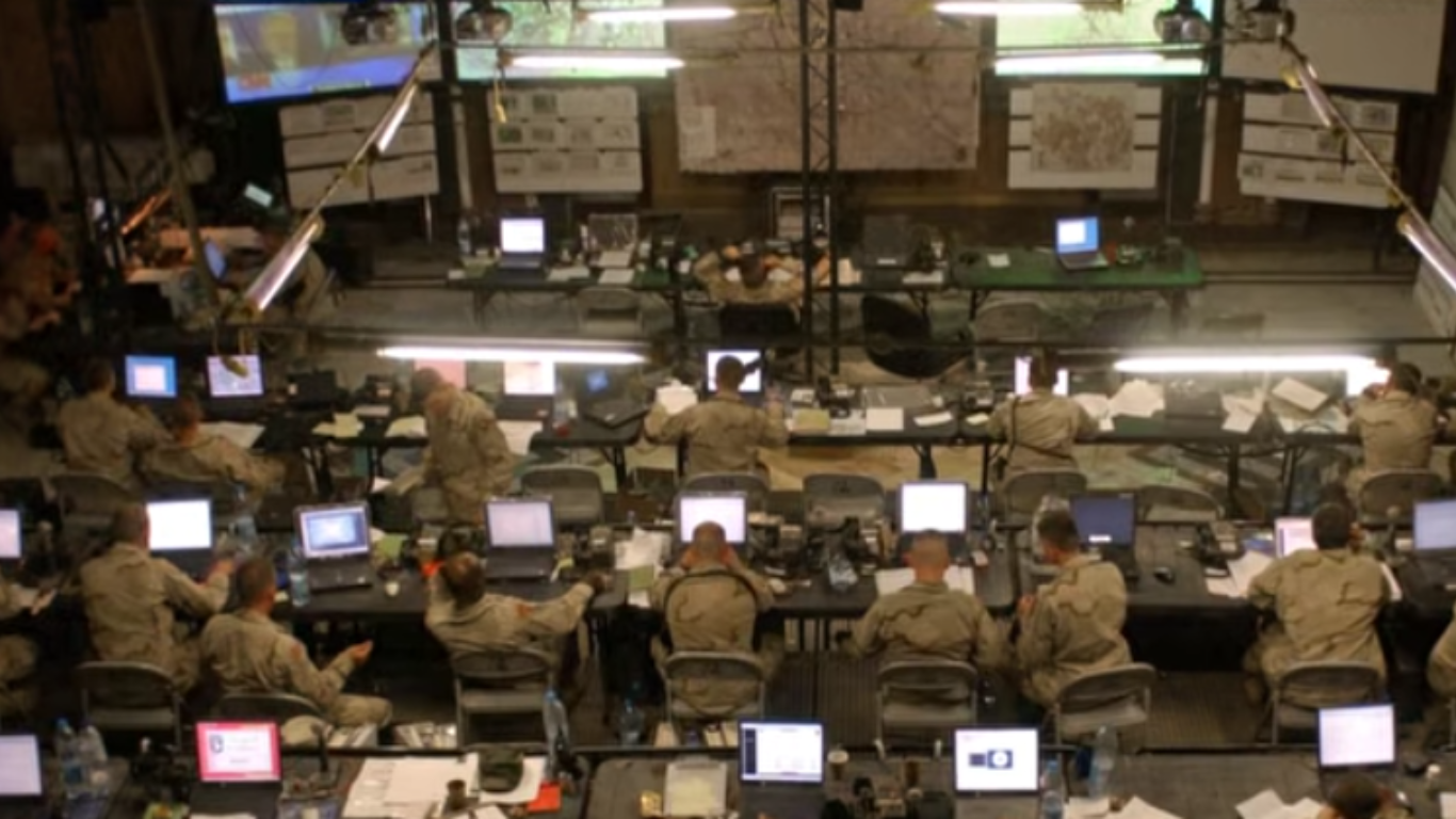 Military command center with AI-enabled combat cloud systems and real-time data monitoring