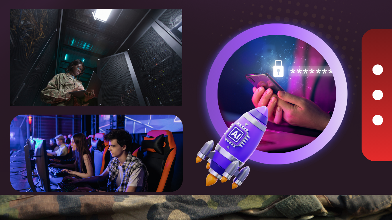 A visual representation of AI defence operations and cyber warfare future, showing a military professional working on a laptop in a server room, gamers engaged in a digital environment, and a smartphone with password security protected by AI, symbolizing cybersecurity, artificial intelligence, and modern digital battlefield systems.