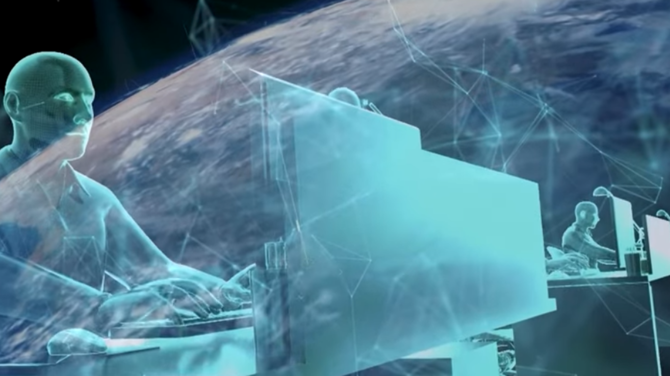 AI electronic warfare concept with global network, digital operators, and cyber battlefield interface