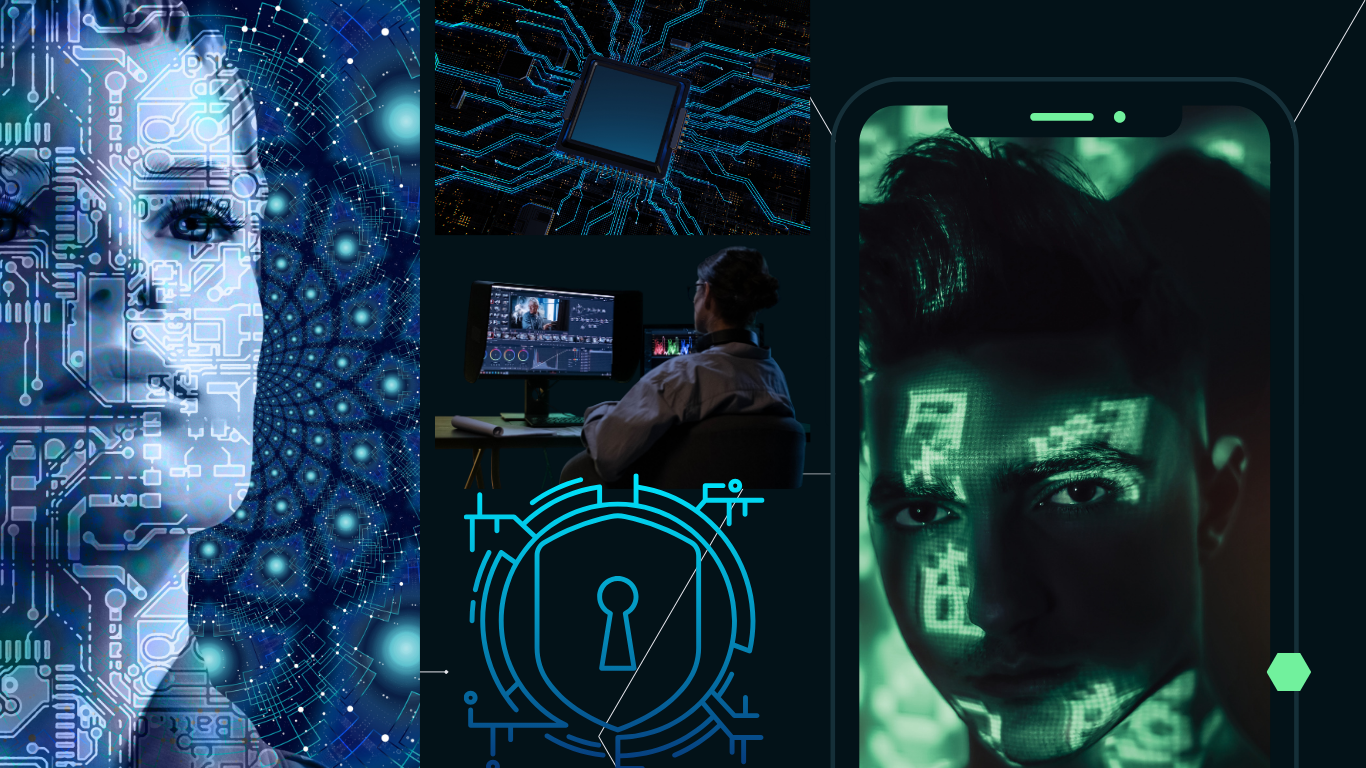 A collage of a human face blended with circuitry, a microchip, a cybersecurity workstation, and a person’s face with digital code projections, representing AI-driven phishing and cyber espionage.