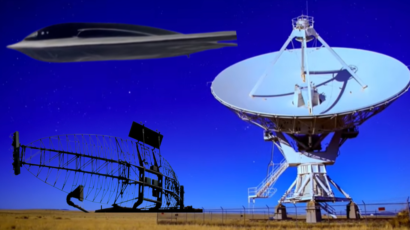 AI-powered stealth aircraft flying near advanced radar and satellite communication systems for detection and tracking