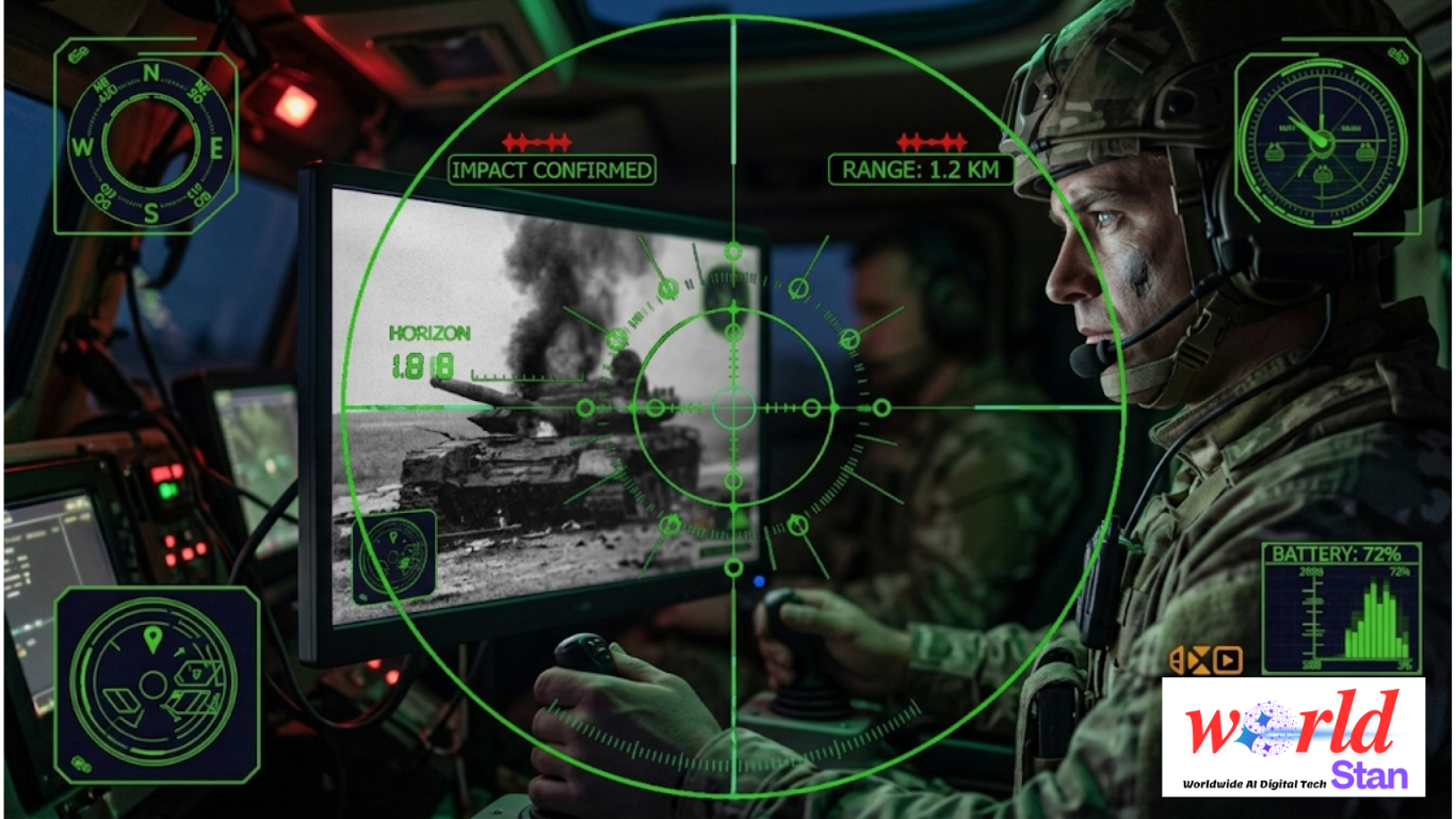 A futuristic AI-powered drone and robotic soldier on a modern digital battlefield, representing the future of AI Warfare and Auto Systems.