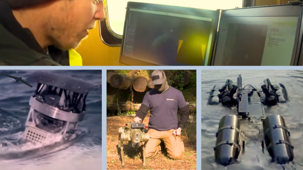 Autonomous combat engineering systems including amphibious drone, robot dog, and unmanned wate