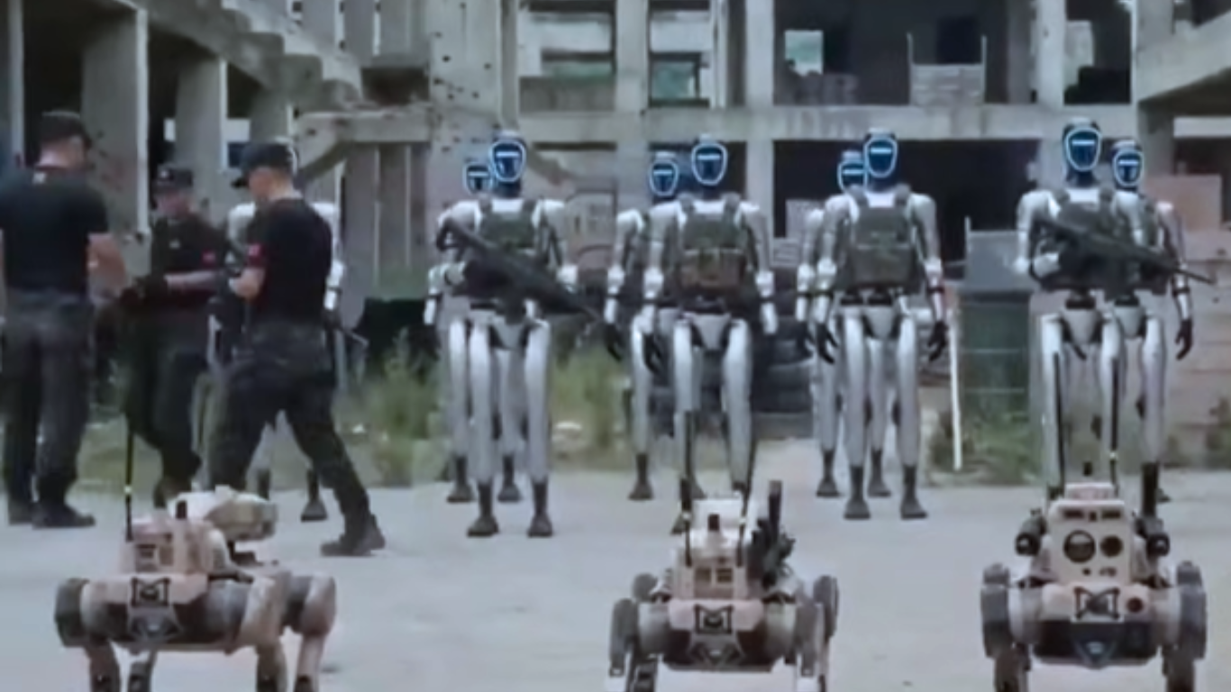 A group of humanoid robots equipped with tactical gear advancing alongside human soldiers, with smaller robotic units in the foreground, representing human-robot combat collaboration.
