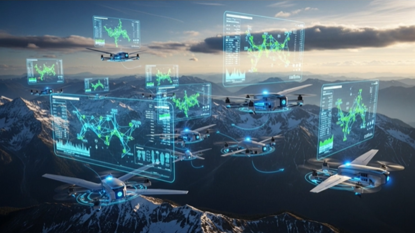 Multiple autonomous drones flying over a mountainous landscape with digital data overlays and analytics screens, representing a synchronized AI-powered battlefield network.