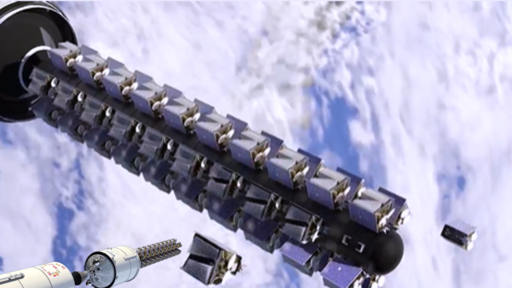 Large satellite in orbit releasing multiple small satellites above Earth.