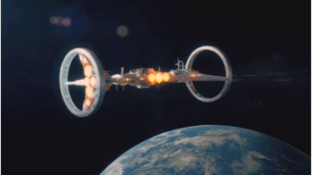 Futuristic space station or spacecraft with rotating ring structures orbiting Earth, featuring glowing propulsion engines.