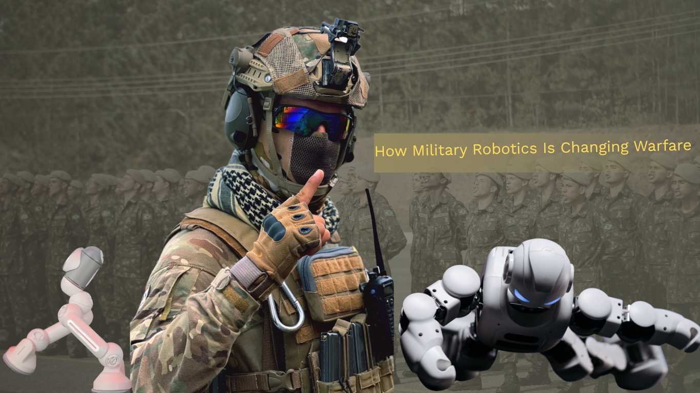 A modern soldier in full tactical gear with advanced helmet and visor stands in the foreground, signaling with a hand gesture, while robotic systems and autonomous machines appear alongside troops in the background, illustrating how military robotics is transforming modern warfare. https://worldstan.com/how-military-robotics-is-changing-warfare/