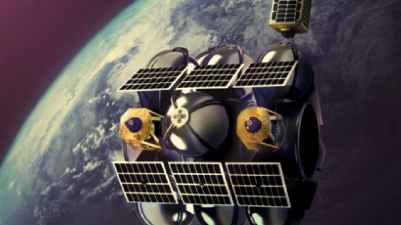 Satellite with multiple solar panels and attached modules orbiting Earth in space.