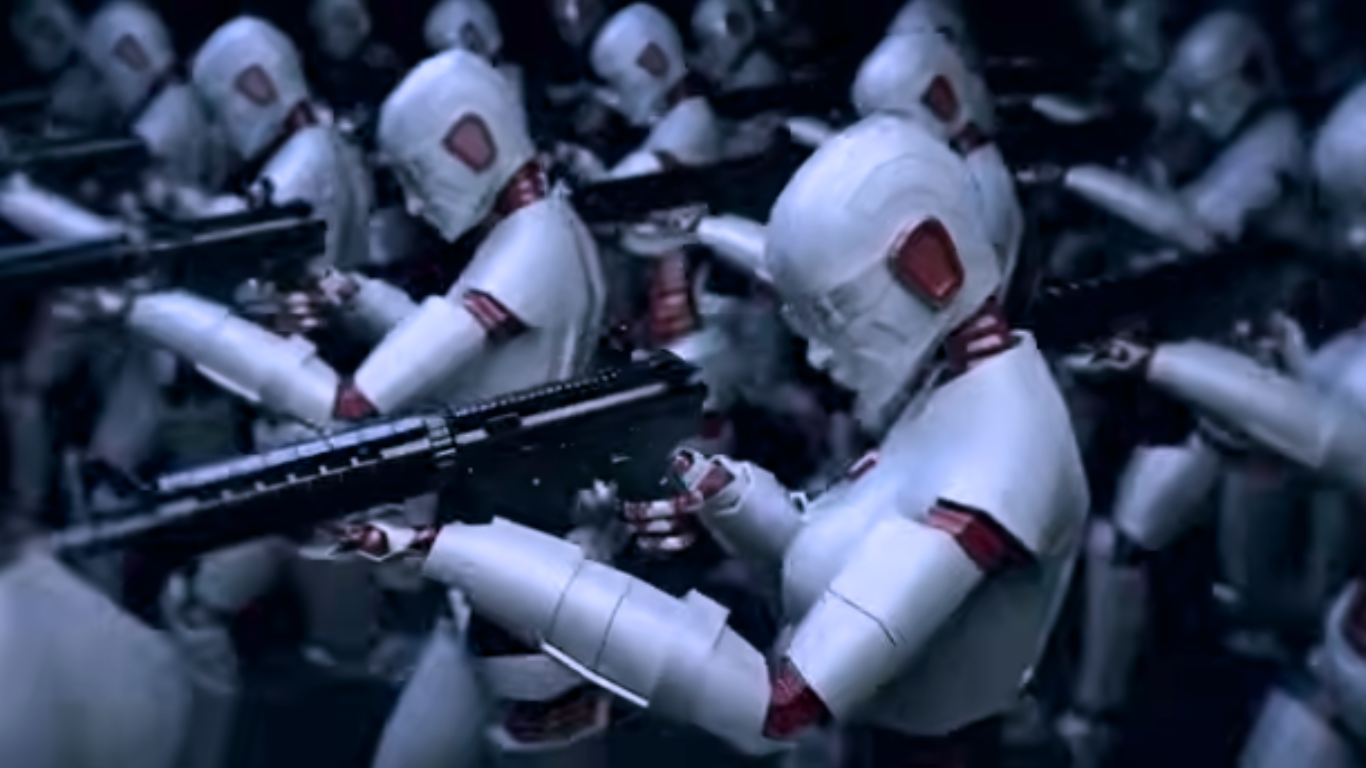 Humanoid robot soldiers equipped with rifles in a futuristic AI-driven battlefield scenario