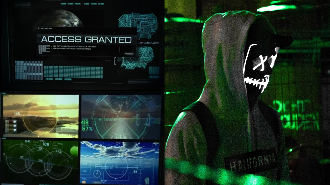 Cyber warfare interface with hacking dashboard and masked hacker representing digital espionage