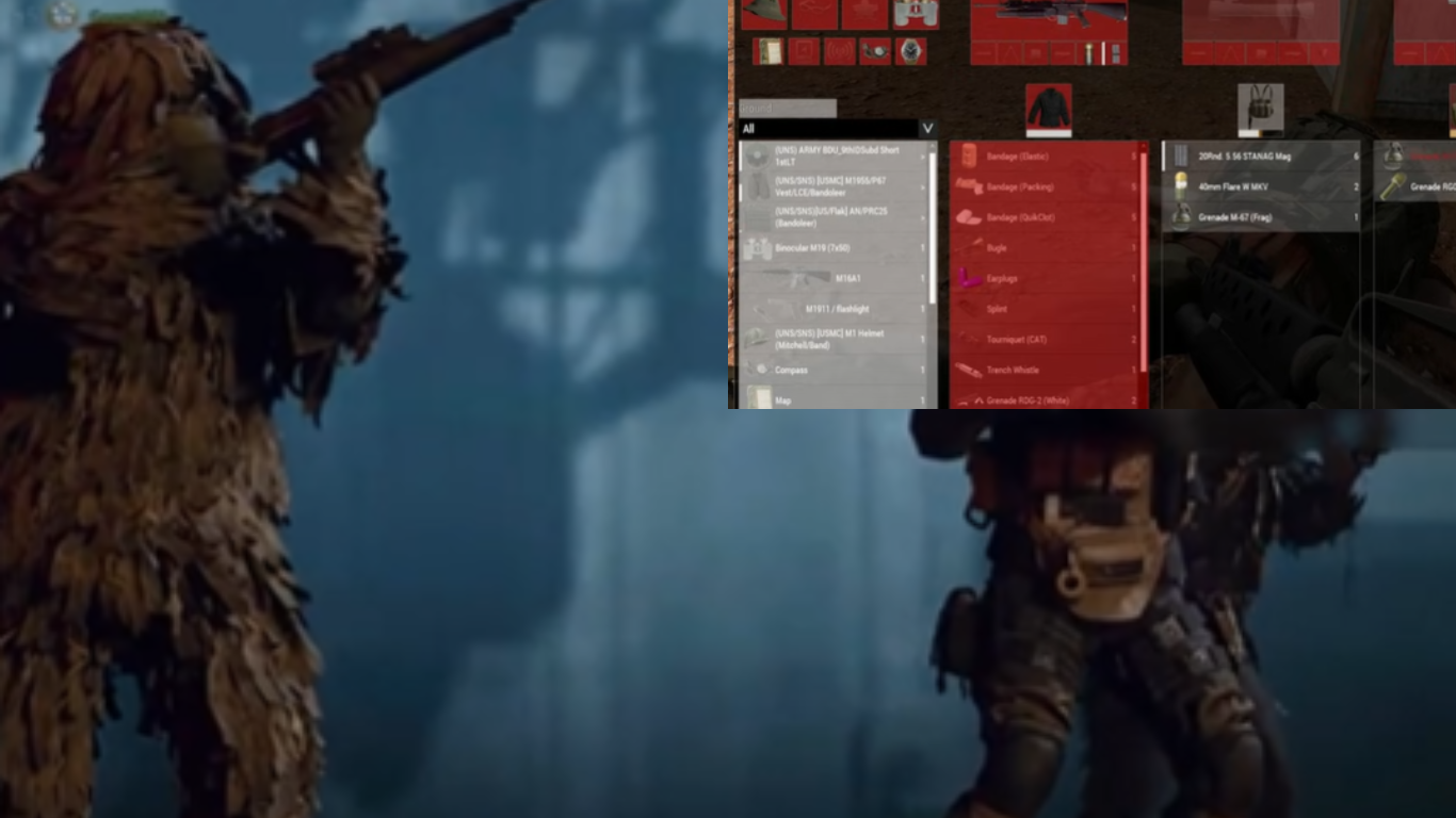 Two soldiers in tactical gear, one in camouflage aiming a rifle, with a digital interface overlay showing inventory and data systems, suggesting AI-enhanced coordination.