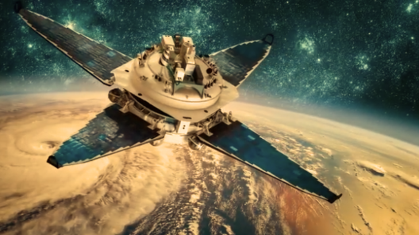 A satellite with extended solar panels orbiting above a planet, with a star-filled sky in the background.