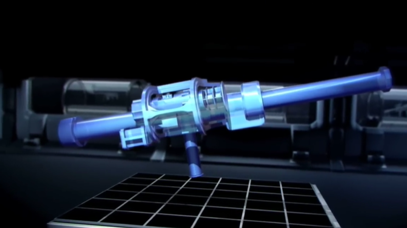 A digital 3D visualization of a futuristic weapon barrel system with internal components highlighted, representing AI-driven predictive ballistics technology.