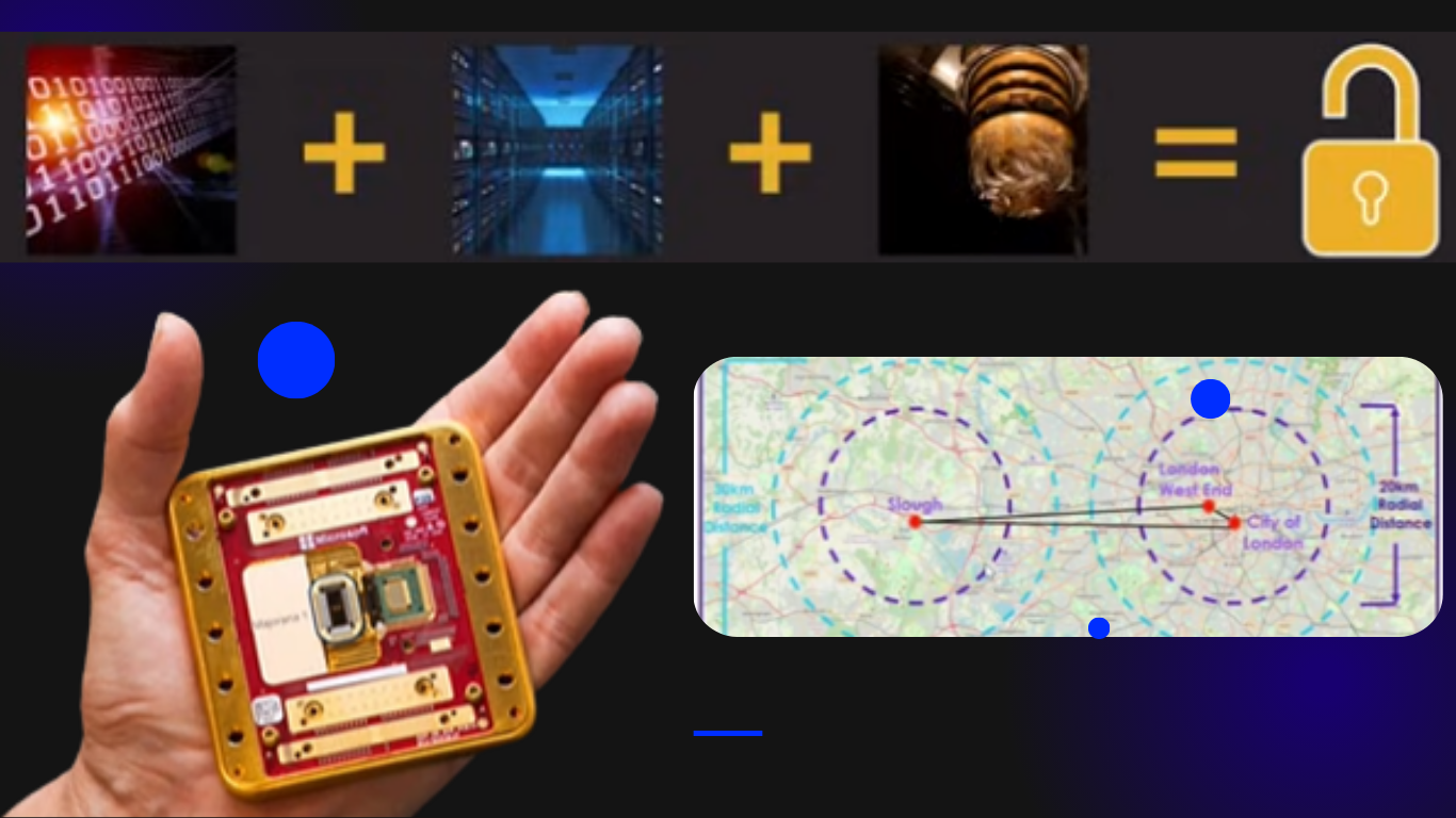 Hand holding a compact electronic device alongside graphics illustrating data, servers, encryption, and location mapping in a cybersecurity concept.