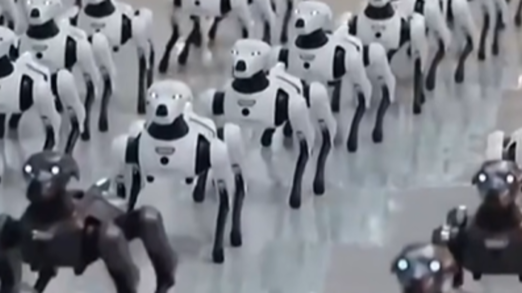 Quadruped robot dogs and humanoid robots moving in formation in autonomous military robotics concept