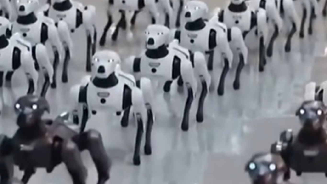 Quadruped robot dogs and humanoid robots moving in formation in autonomous military robotics concept