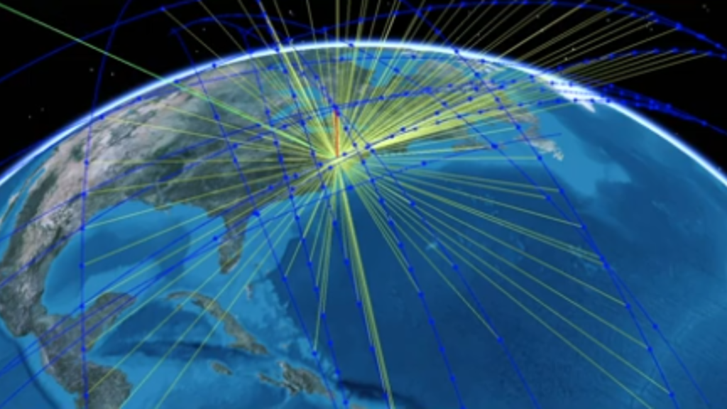 Earth covered by a network of satellite paths and signal beams, illustrating global surveillance and satellite constellation coverage.