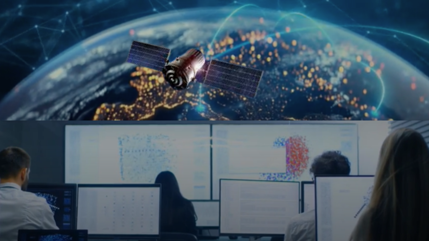 A satellite orbiting Earth above a control room where analysts monitor data on multiple screens, representing space-based cyber operations and satellite security.