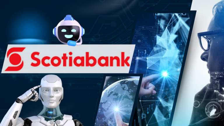 Scotiabank AI framework concept with chatbot, humanoid robot, and digital data analytics interface