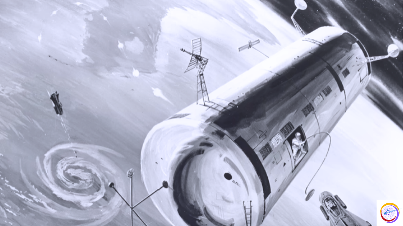 A monochrome illustration of a large cylindrical spacecraft orbiting Earth, with antennas and modules attached, while smaller satellites and a swirling atmospheric storm are visible below.