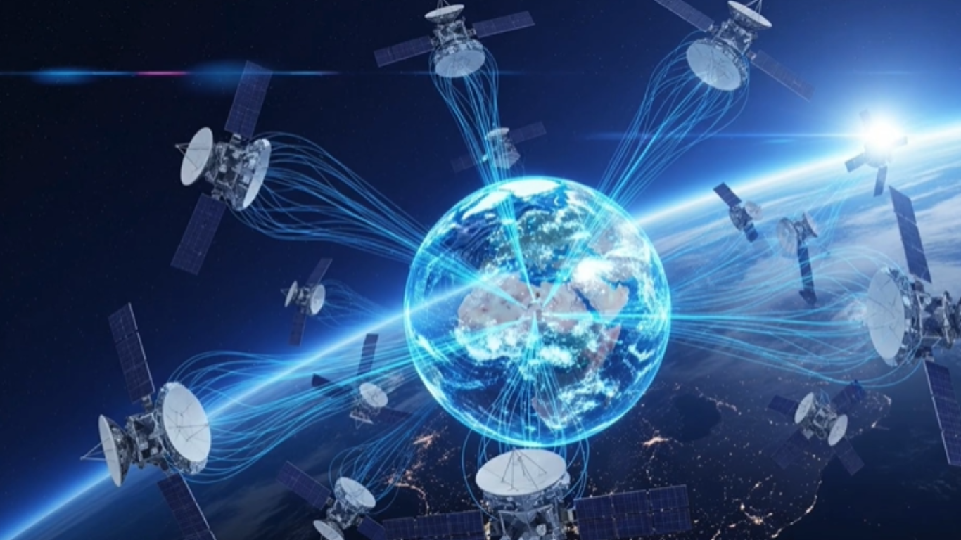 A digital illustration of Earth surrounded by multiple satellites transmitting bright blue data signals across the globe.