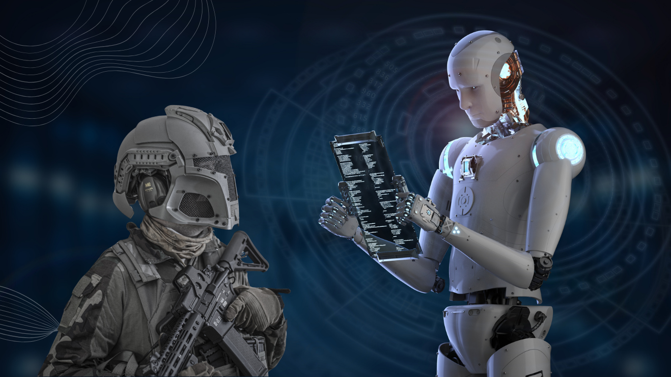 A professional digital illustration of tactical AI in defense operations, featuring a futuristic military command center with holographic battlefield maps, real-time data analytics, and soldiers using augmented reality interfaces for strategic decision-making.