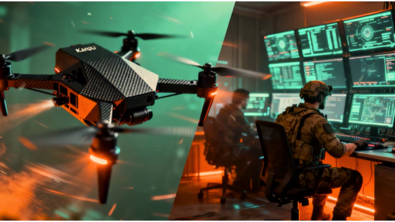 An autonomous multi-wheeled military ground vehicle equipped with mounted weapons and sensors, designed for unmanned combat operations in a rugged desert environment.