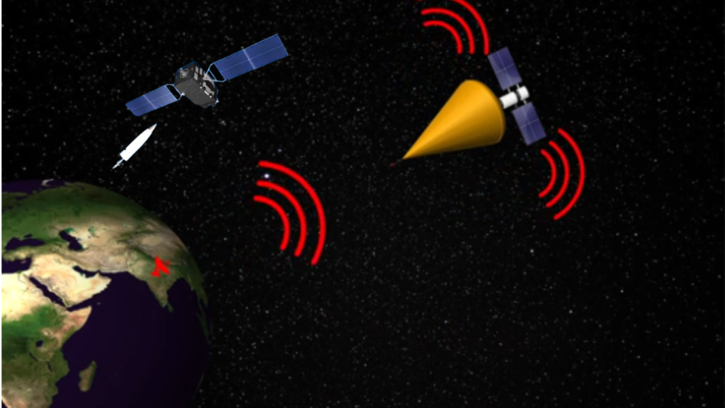 Illustration of satellites in space transmitting signals toward Earth, with red wave icons representing communication or detection.
