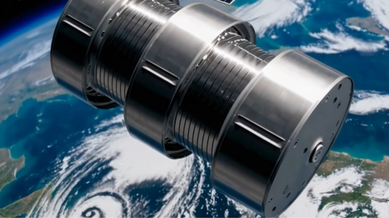 Metallic cylindrical satellite or kinetic kill vehicle orbiting Earth, with visible clouds and a large storm system below in space.