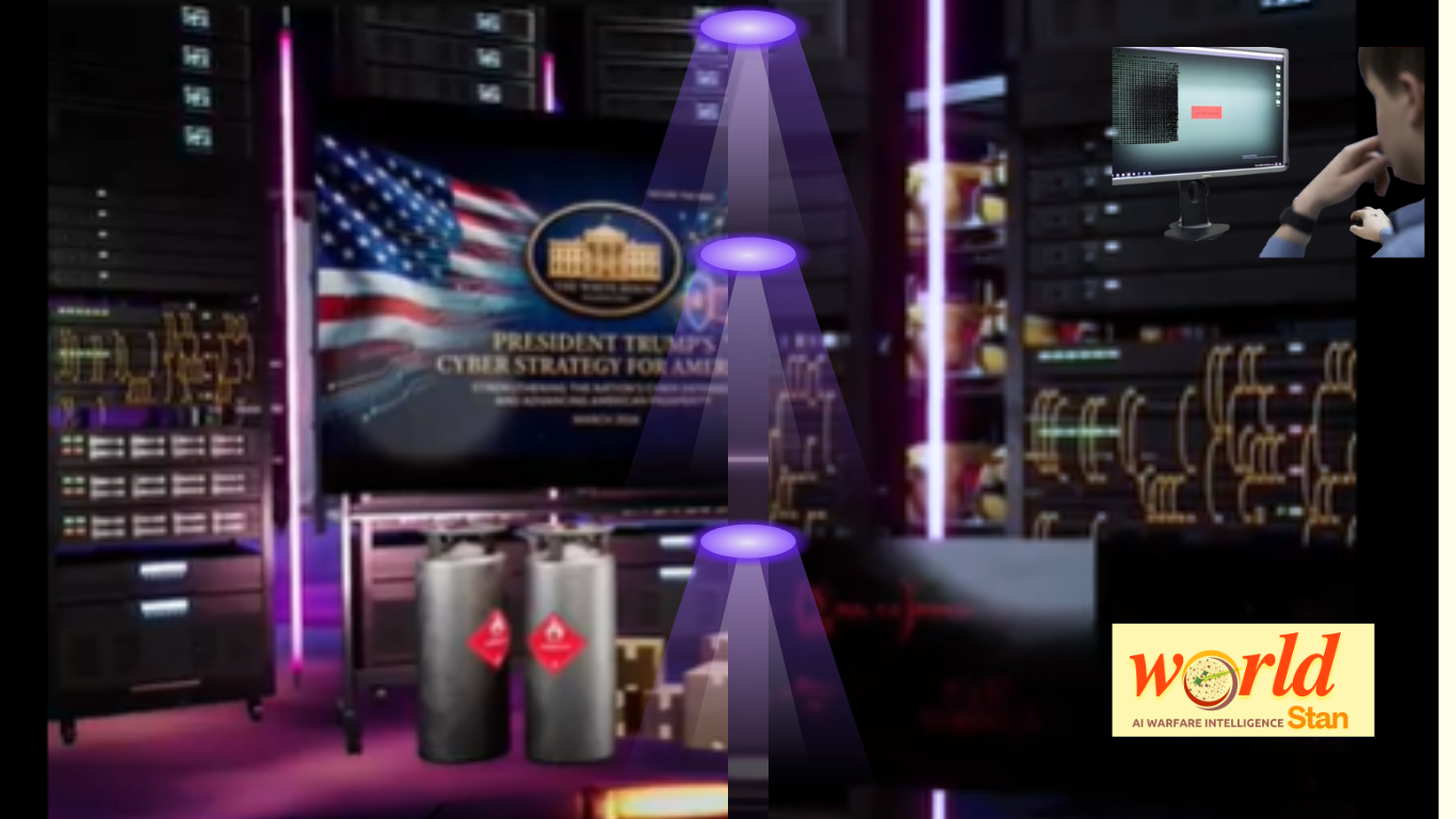 A futuristic cyber command center with servers, digital interfaces, and a large screen displaying a U.S. cybersecurity strategy, alongside symbolic elements of surveillance and cyber operations.