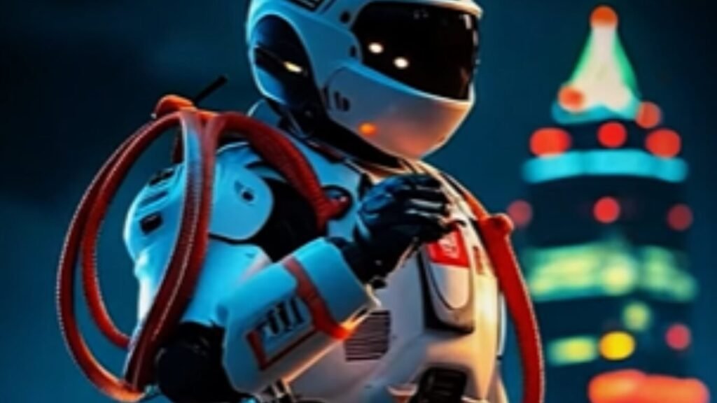 An operator in an advanced white tactical spacesuit with orange hoses standing against a blurred night city skyline, representing the deployment interface for AI Call for Fire Automation.