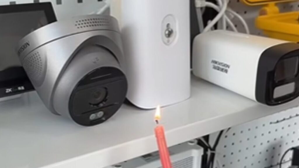 Various surveillance cameras arranged on a shelf next to a lit pink candle, symbolizing diagnostic testing for AI Call for Fire Automation optical sensors.