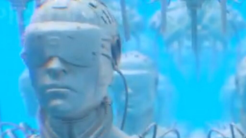 Rows of identical pale figures wearing virtual reality headsets submerged in a blue liquid environment, symbolizing concepts of AI Cognitive Psychological Operations.