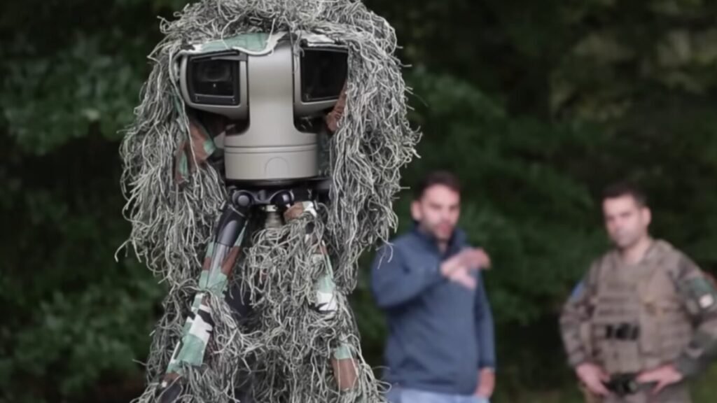 A military surveillance camera system on a tripod draped in ghillie camouflage, demonstrating field hardware used in AI Defence Operations.