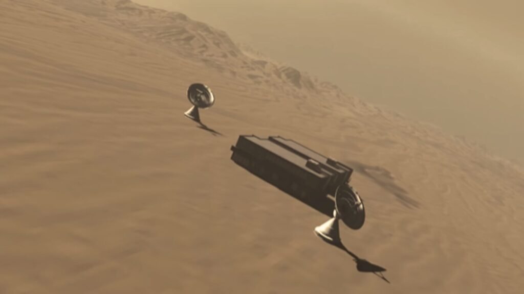 A remote desert military installation with satellite dishes, utilizing an AI electronic warfare communication system.