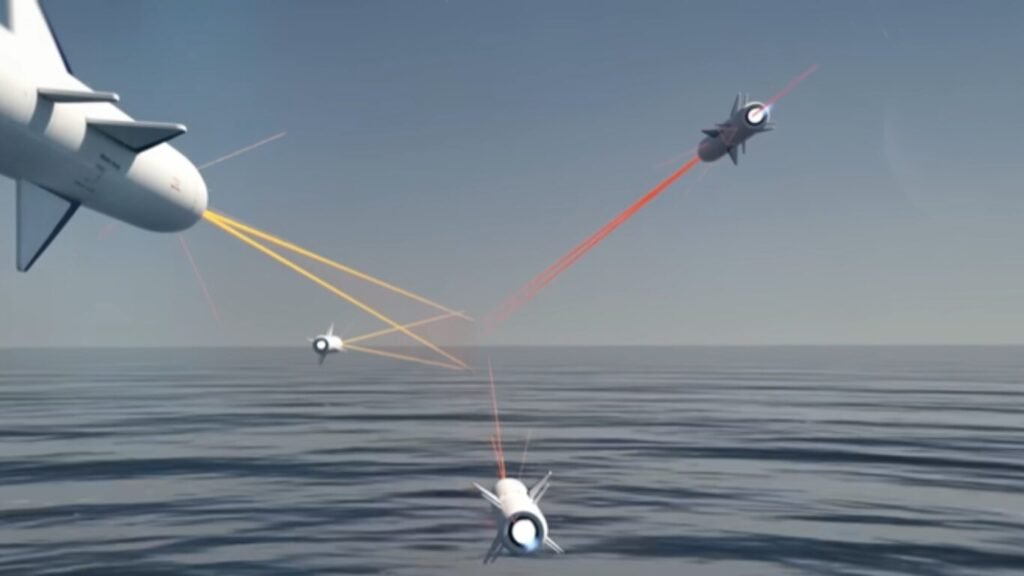 A large defensive missile launching a network of smaller interceptor drones or submunitions over the ocean, demonstrating an AI electronic warfare coordination system.