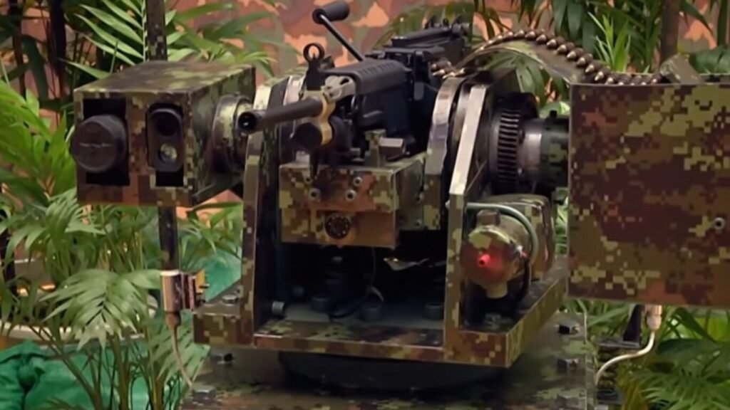 An automated remote weapon station painted in digital camouflage and integrated with advanced optical sensors, showcasing how AI for Tactical CBRN Defense is changing the way military teams work.