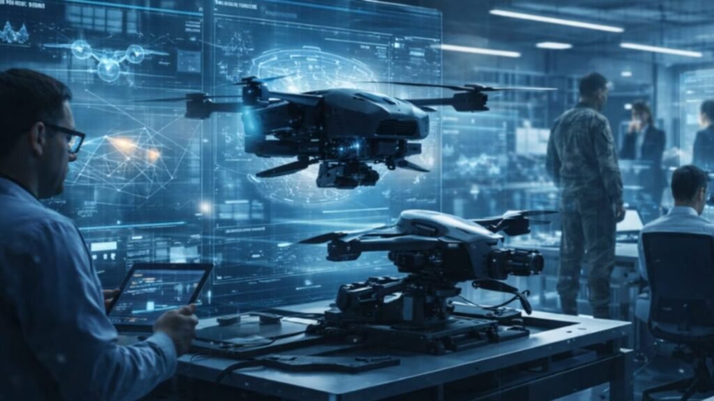 An operator controlling an advanced quadcopter drone in a high-tech lab using a tablet, demonstrating how AI for Tactical CBRN Defense is changing the way military teams work.