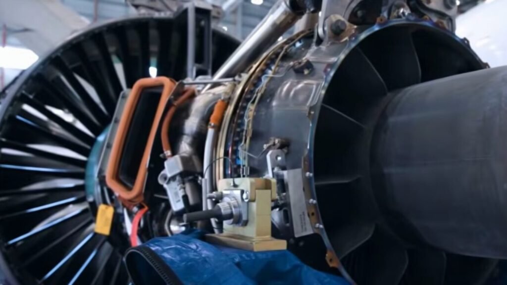 An open jet engine core displaying internal fan blades and exposed wiring, highlighting hardware integration for AI in Stealth Technology.