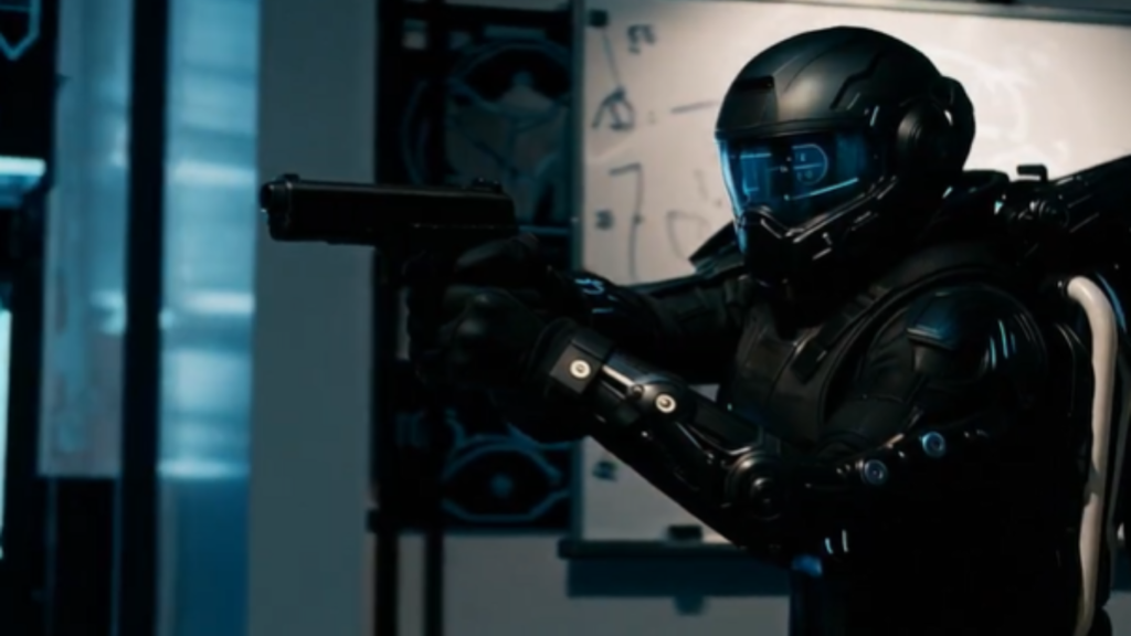 A soldier wearing advanced AI Powered Exoskeletons armor and a tactical helmet aiming a handgun in a high-tech training lab.
