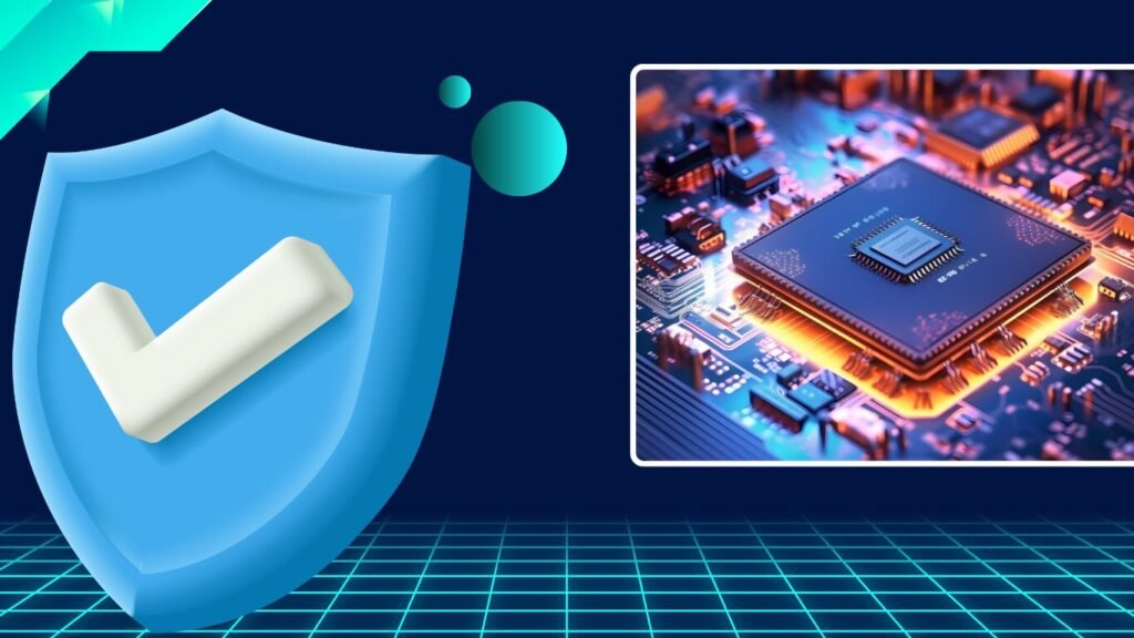 A large blue security shield with a white checkmark next to a glowing microchip circuit board, symbolizing cyber defenses against AI-powered phishing.