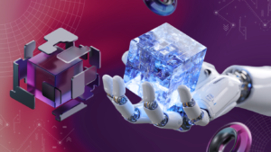 A robotic hand cradles a glowing ice-like cube next to an unravelling metallic block, representing the concept of Shadow AI Governance on a purple background.