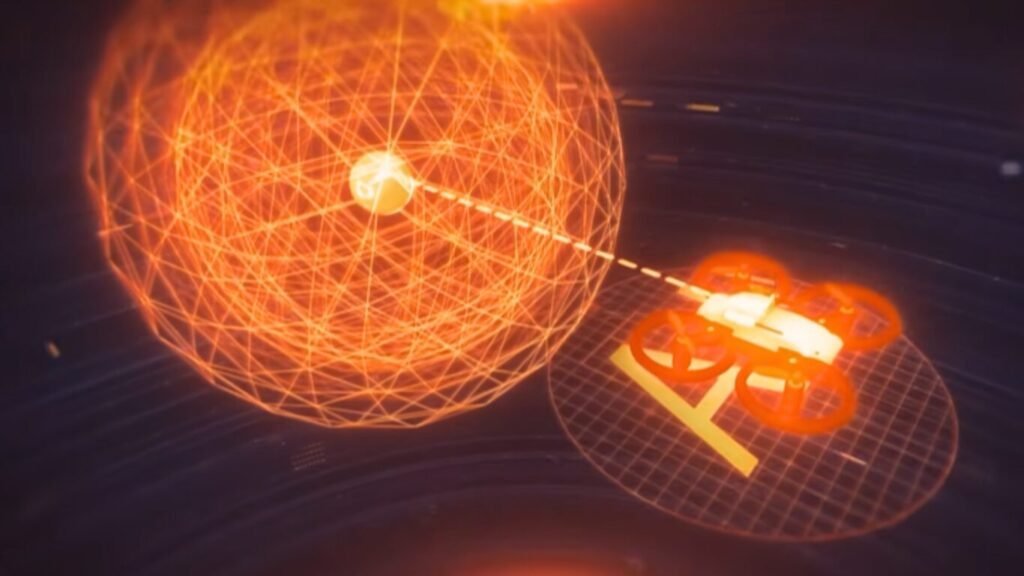 A digital graphic of a quadcopter drone linked by a data beam to a glowing wireframe sphere, illustrating network visualization for AI Warfare.