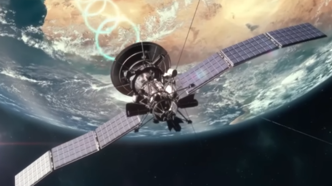 Satellite orbiting Earth with signal waves indicating tracking or defense system.